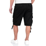 rear of black surplus division cargo shorts