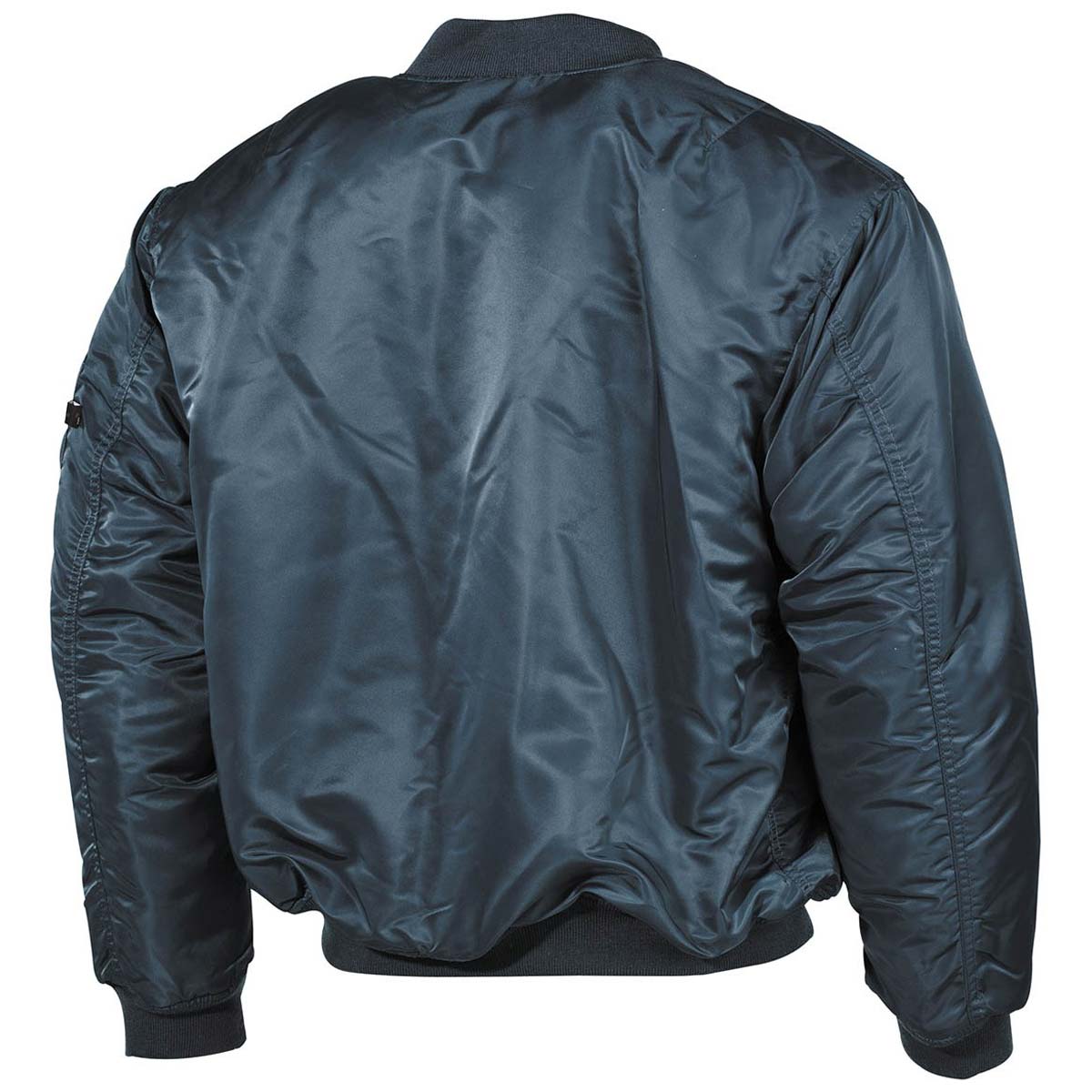 rear of blue mfh us ma1 bomber flight jacket