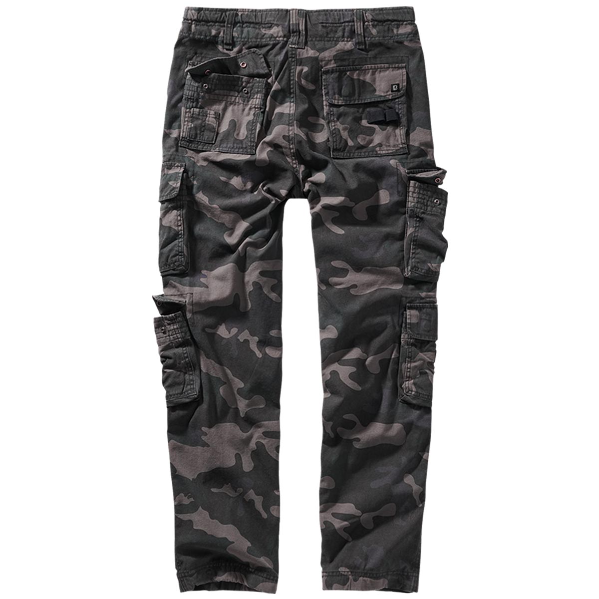 rear of dark camo brandit pure slim fit cargo trousers