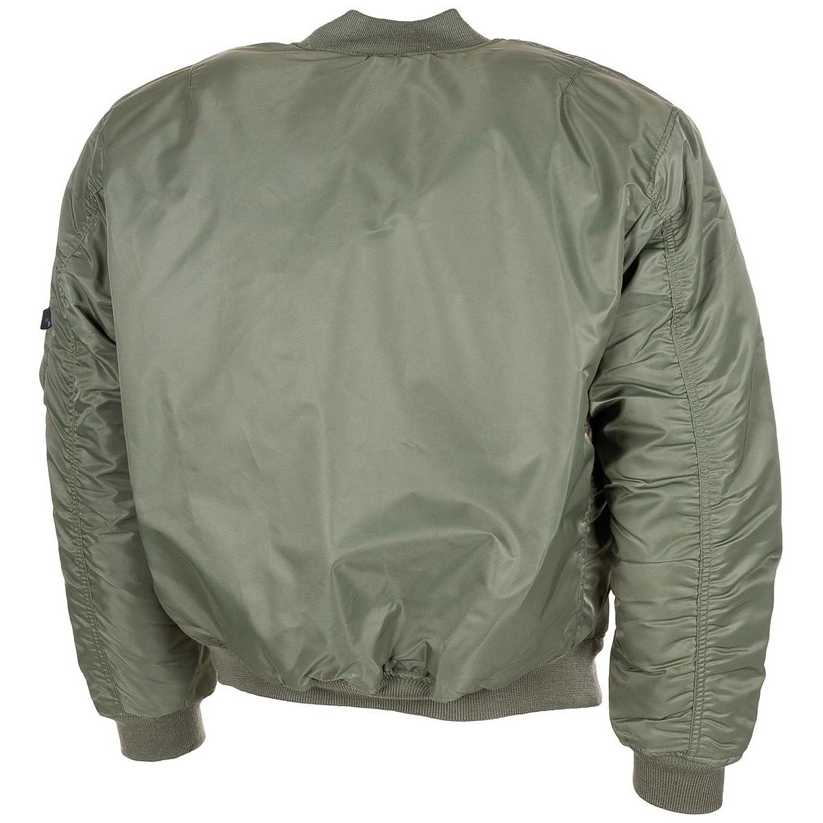 rear of olive drab mfh us ma1 bomber flight jacket