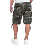 rear of woodland camo surplus division cargo shorts