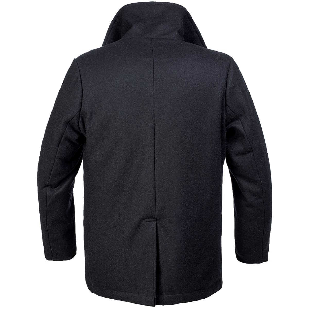 rear view of black pea coat from brandit