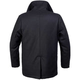 rear view of black pea coat from brandit