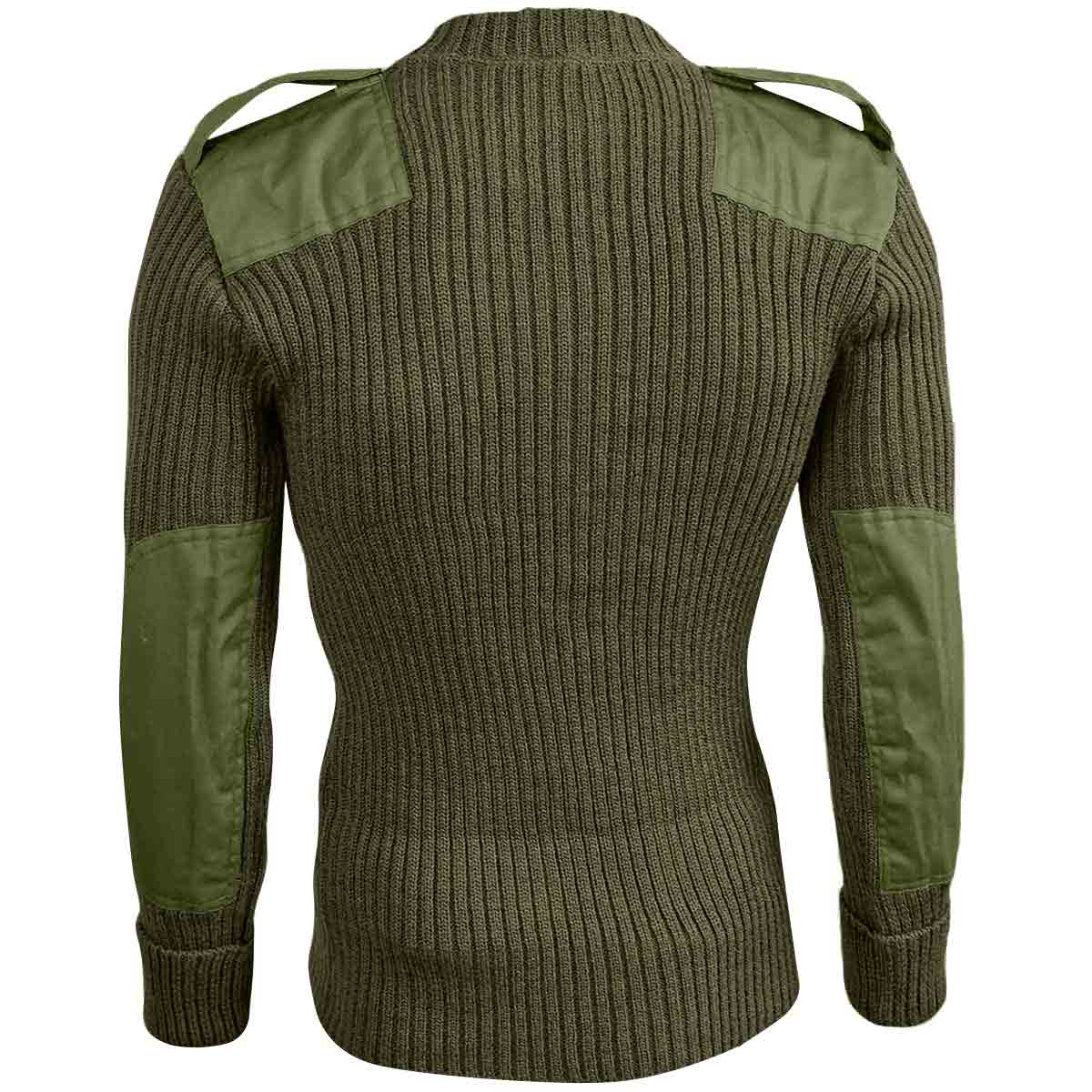 view of olive green army wool commando jumper with epaulettes