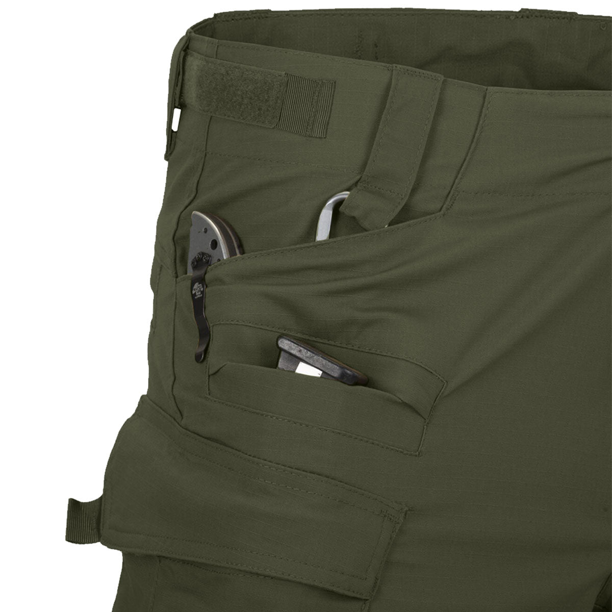 reinforced hand pocket seams on olive green helikon sfu next trousers mk2