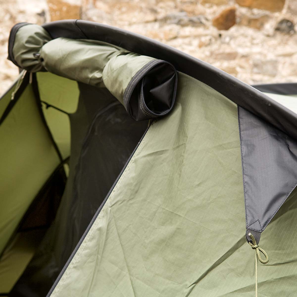 rolled up entrance to snugpak 3 man scorpion ix tent olive