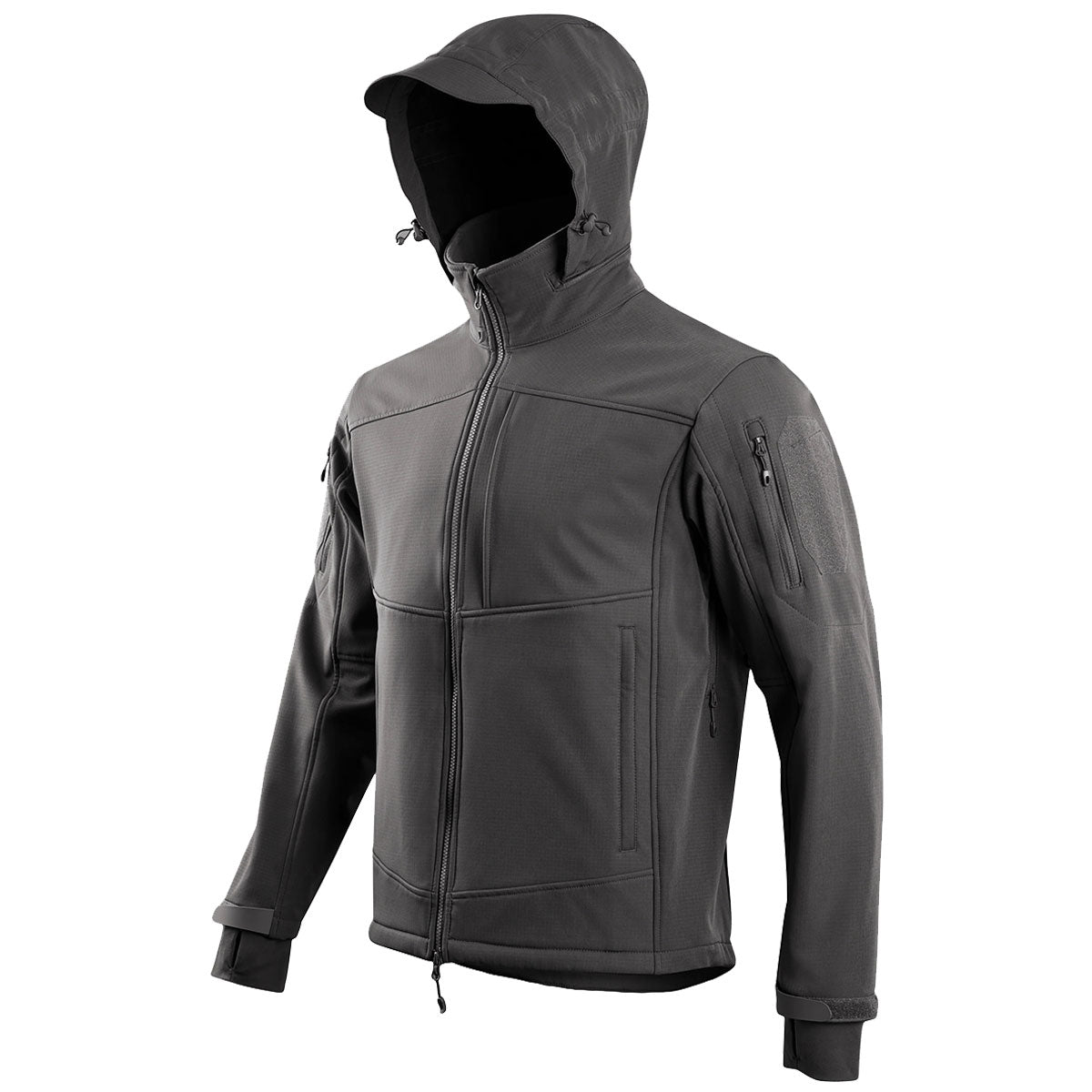 side angle of grey stoirm tactical softshell jacket