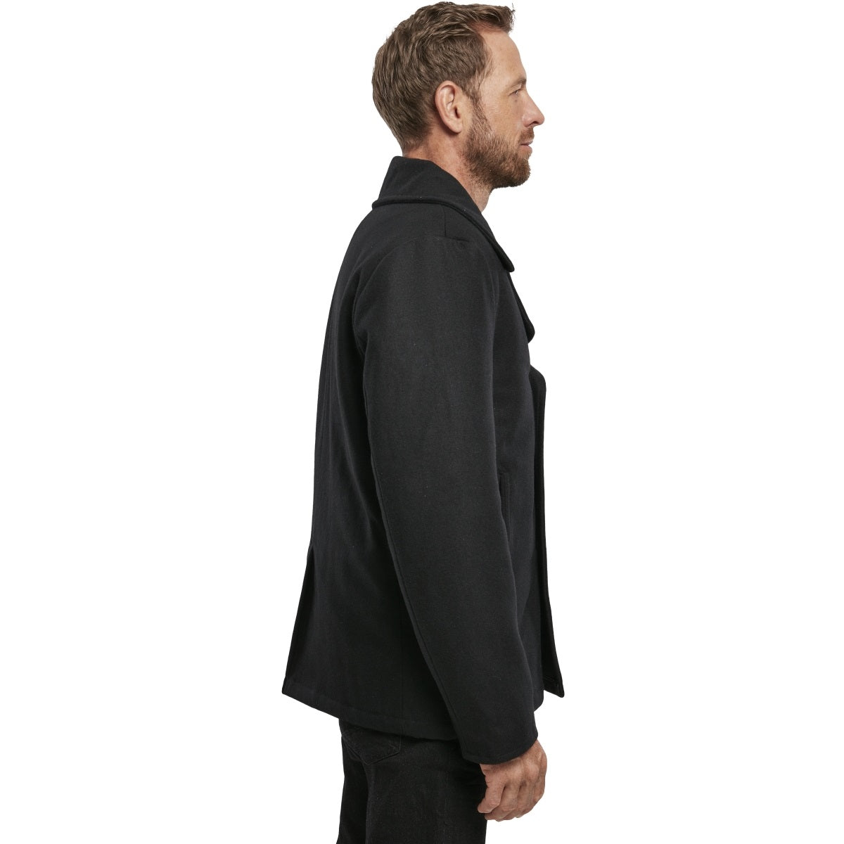 side view of black brandit pea coat