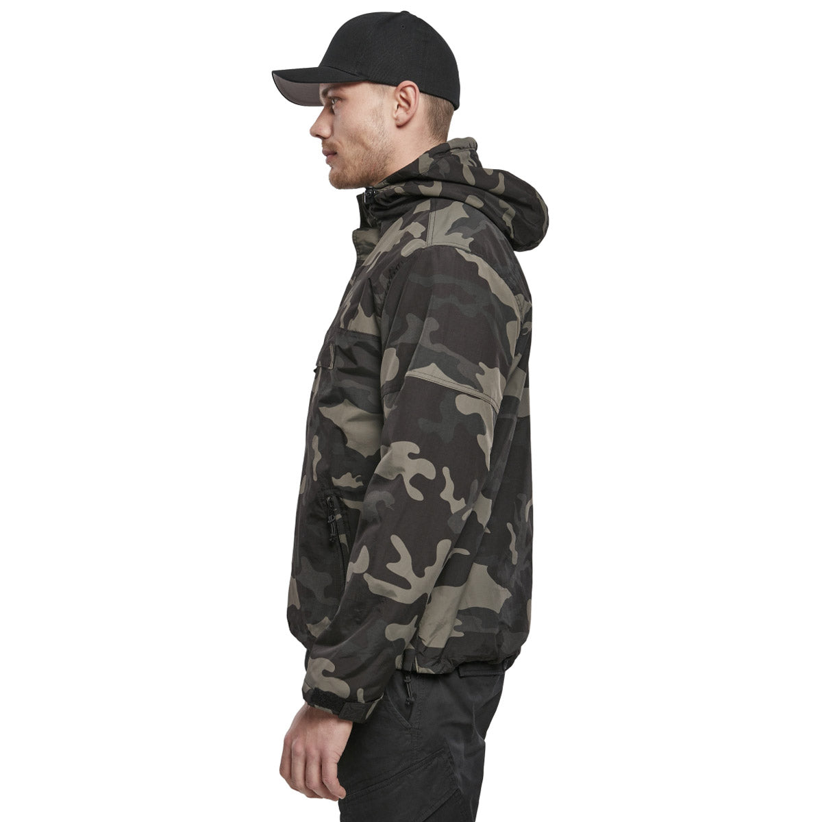 side view of dark camo brandit windbreaker jacket