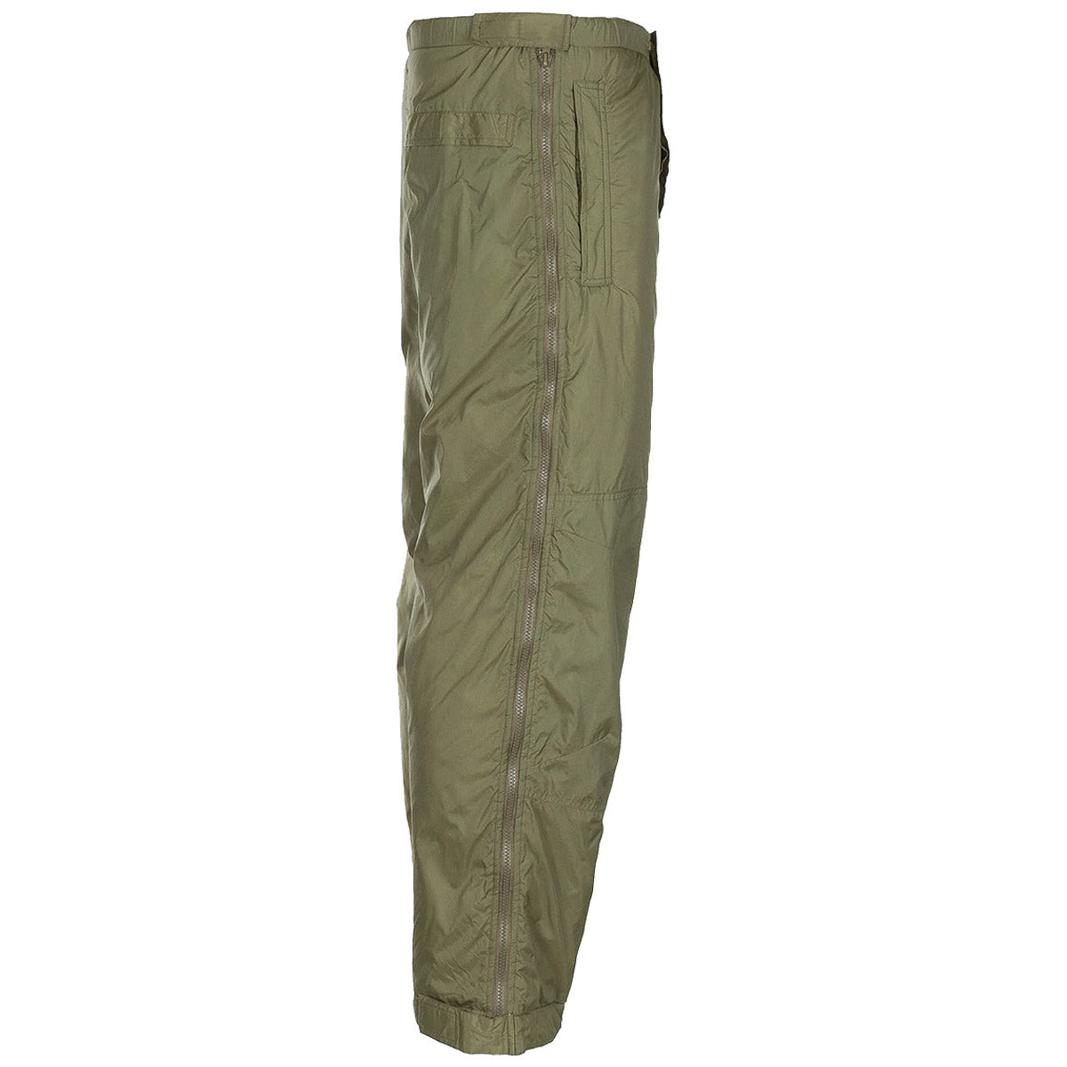 side view of full leg zip on british army olive softie thermal trousers