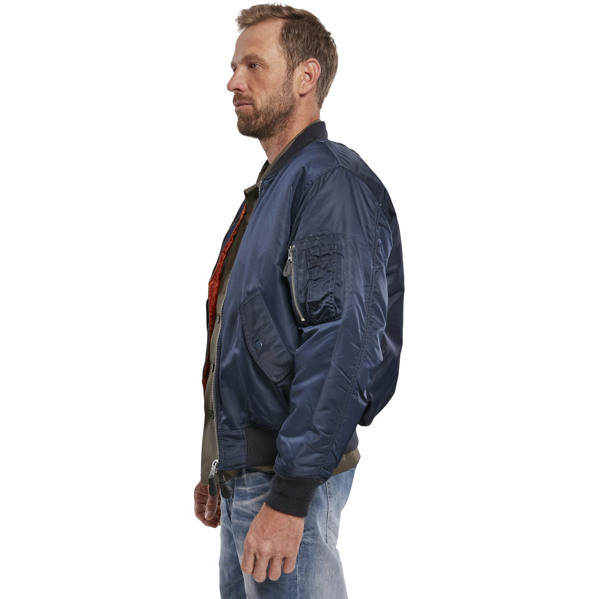 side view of navy brandit ma1 bomber flight jacket