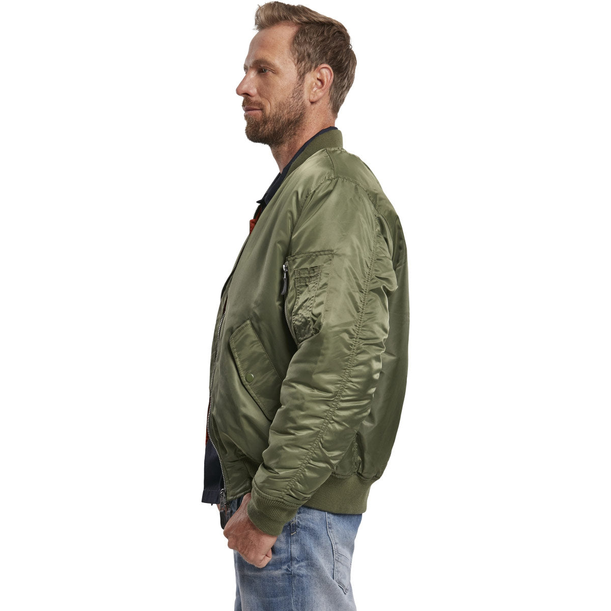 side view of olive brandit ma1 bomber flight jacket