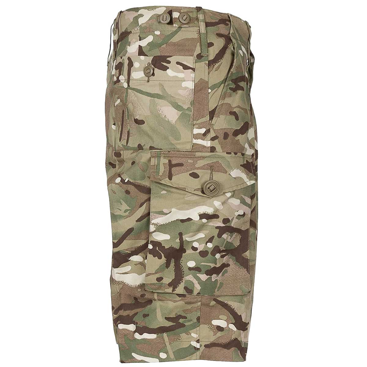 side view of used british army surplus combat shorts mtp camouflage