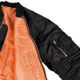 sleeve pocket and orange lining of mfh black us ma1 flight jacket