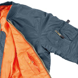 sleeve pocket and orange lining of mfh blue us ma1 flight jacket