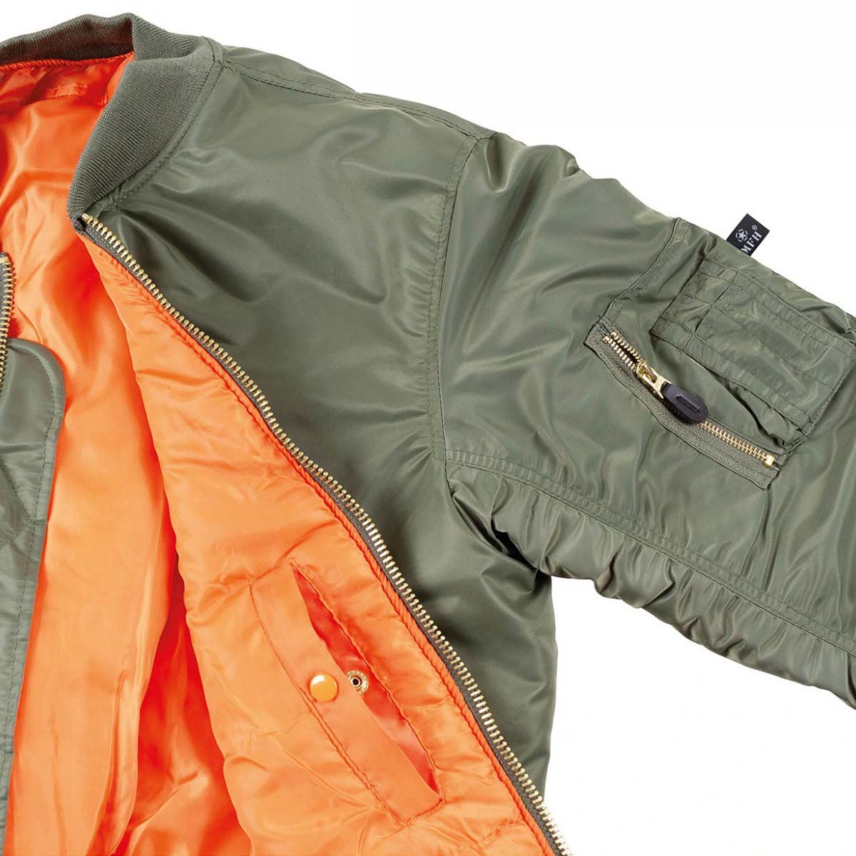 sleeve pocket and orange lining of mfh olive drab us ma1 flight jacket