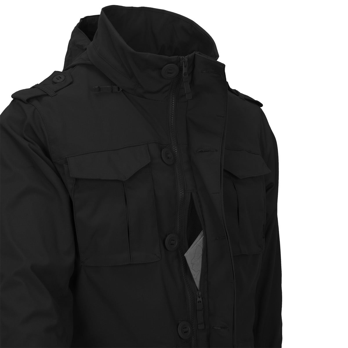 vertical napolean style zipped pocket of black helikon m65 jacket