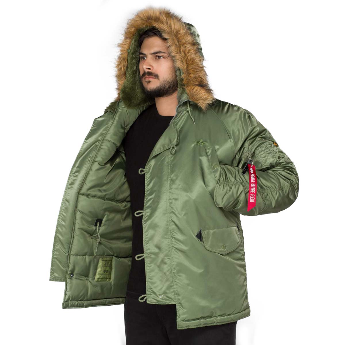 alpha industries n3b parka green synthetic fur hood lining