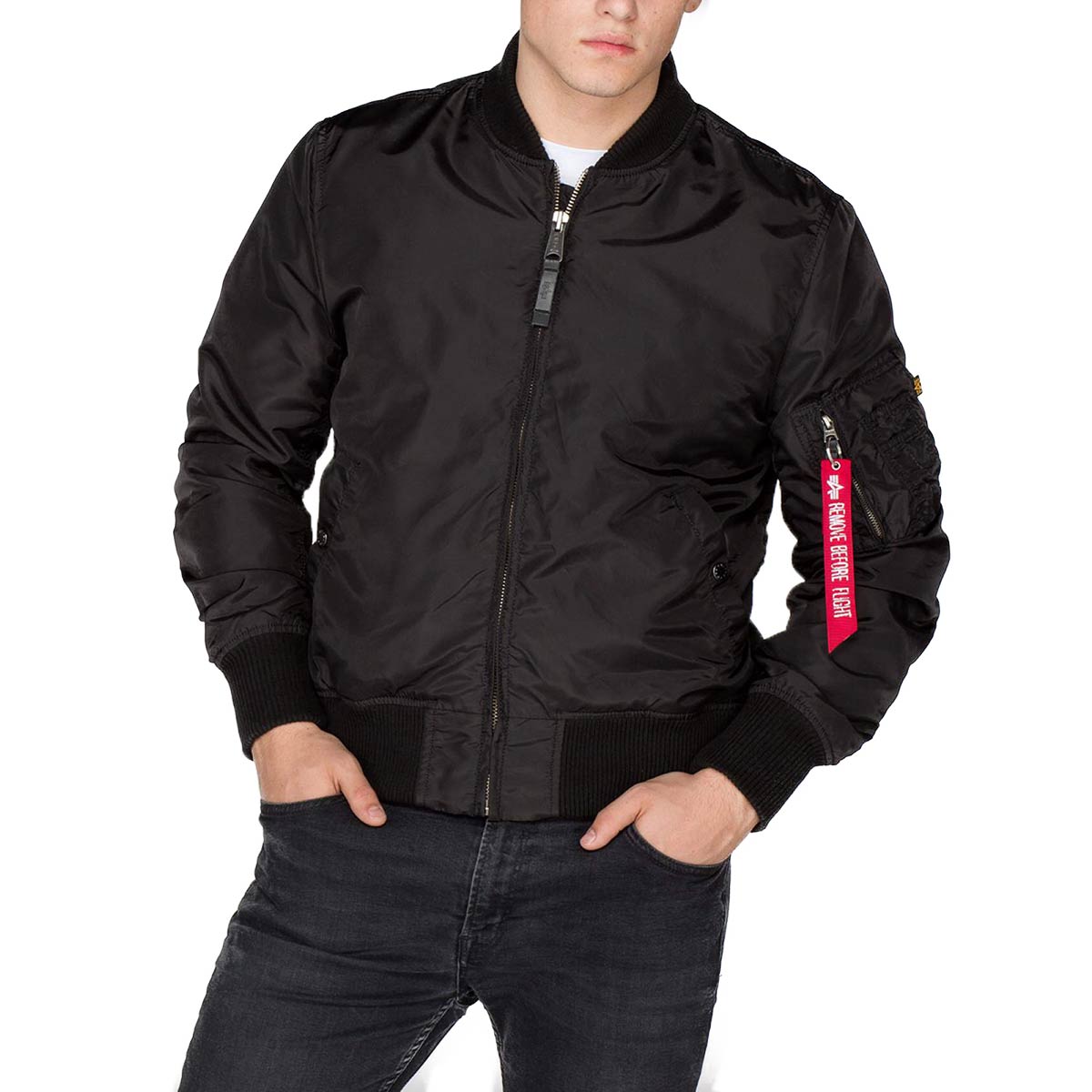 alpha ma1 tt black bomber jacket zipped up