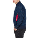 side of blue alpha ma1 tt bomber jacket