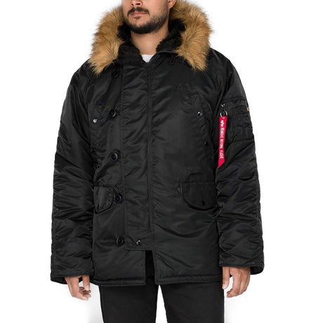 zipped up front of black alpha n3b parka