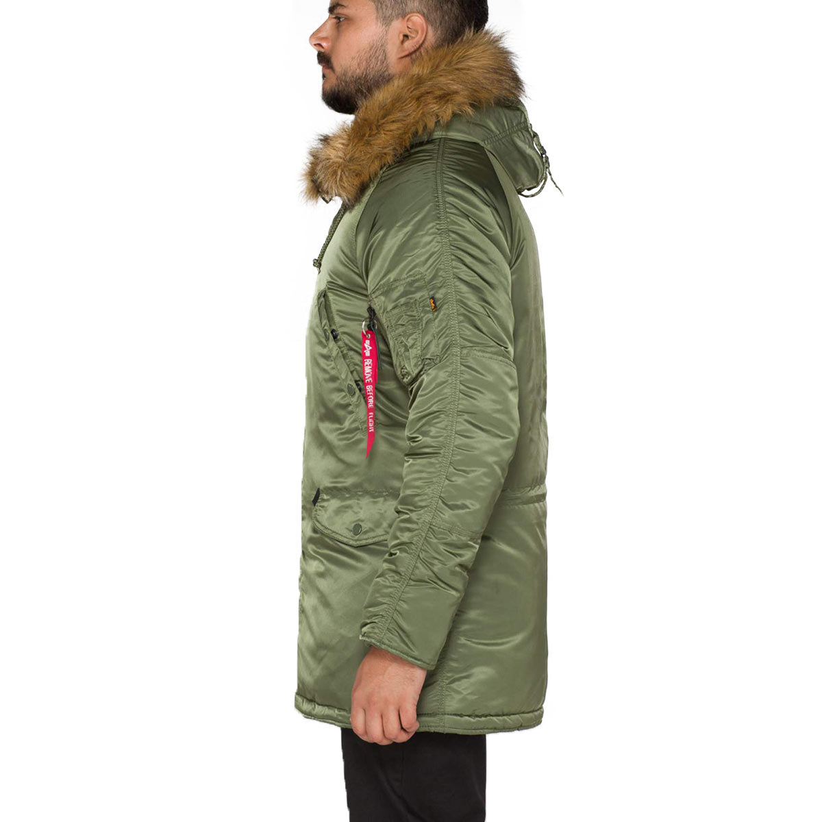 side view of sage green alpha n3b vf59 parka