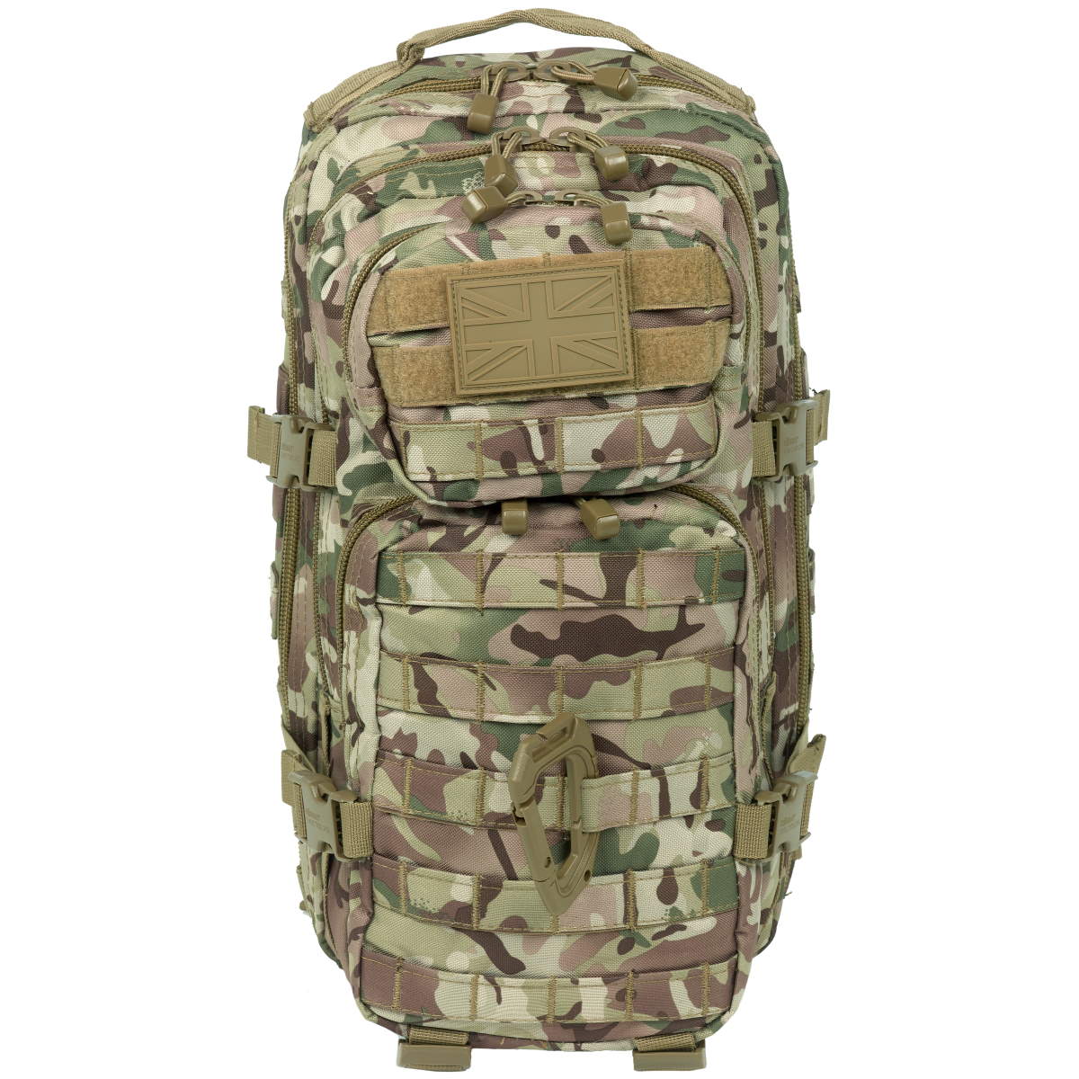 front view kombat 28l molle assault pack btp camo