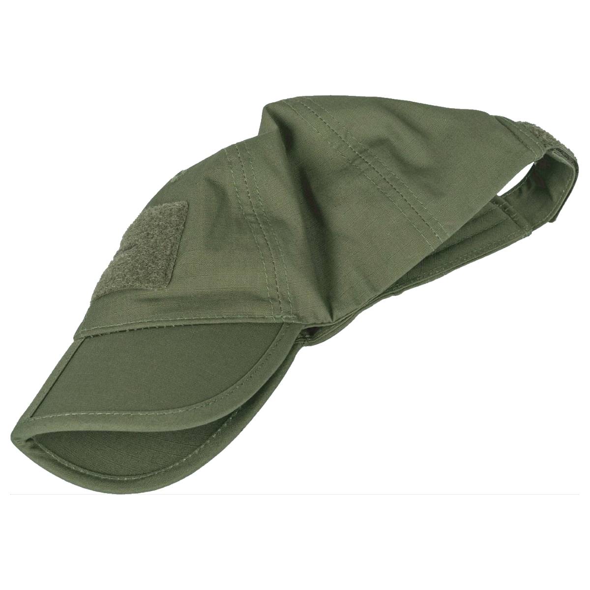 side view of olive green helikon folded baseball cap