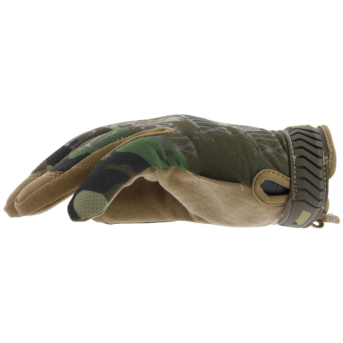 side view of woodland camo mechanix the original glove