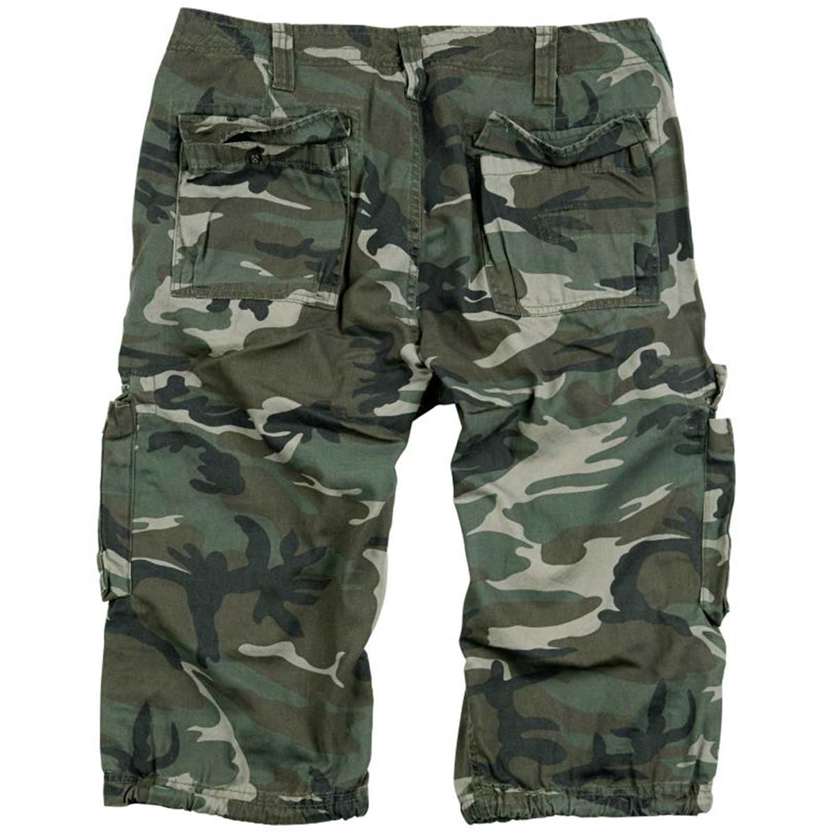 rear of surplus trooper legend three quarter woodland camo shorts