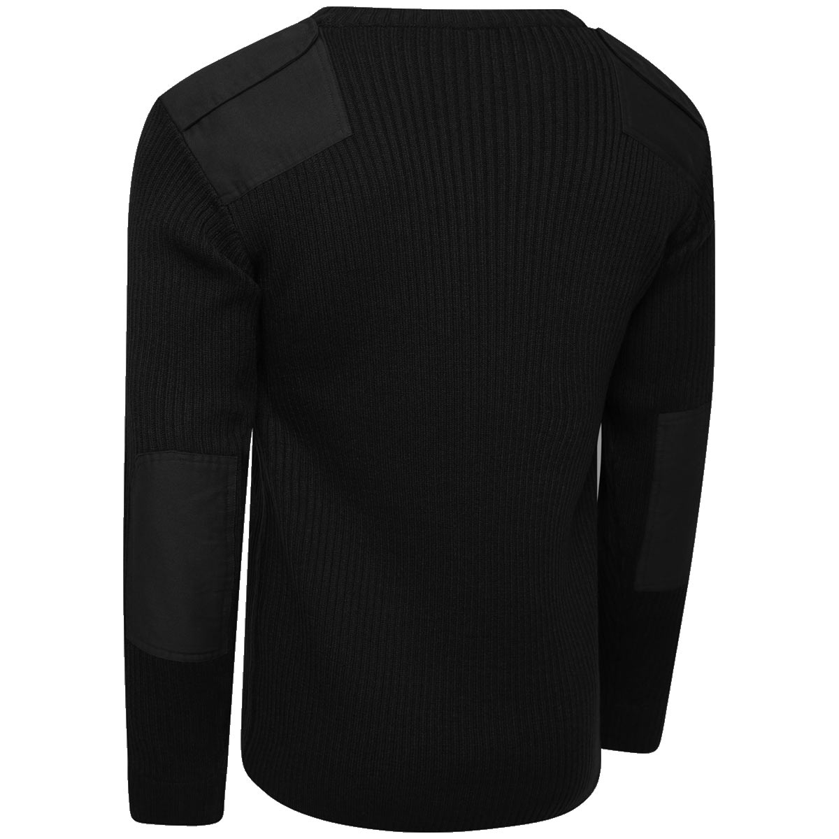 rear view of black army crew neck commando jumper