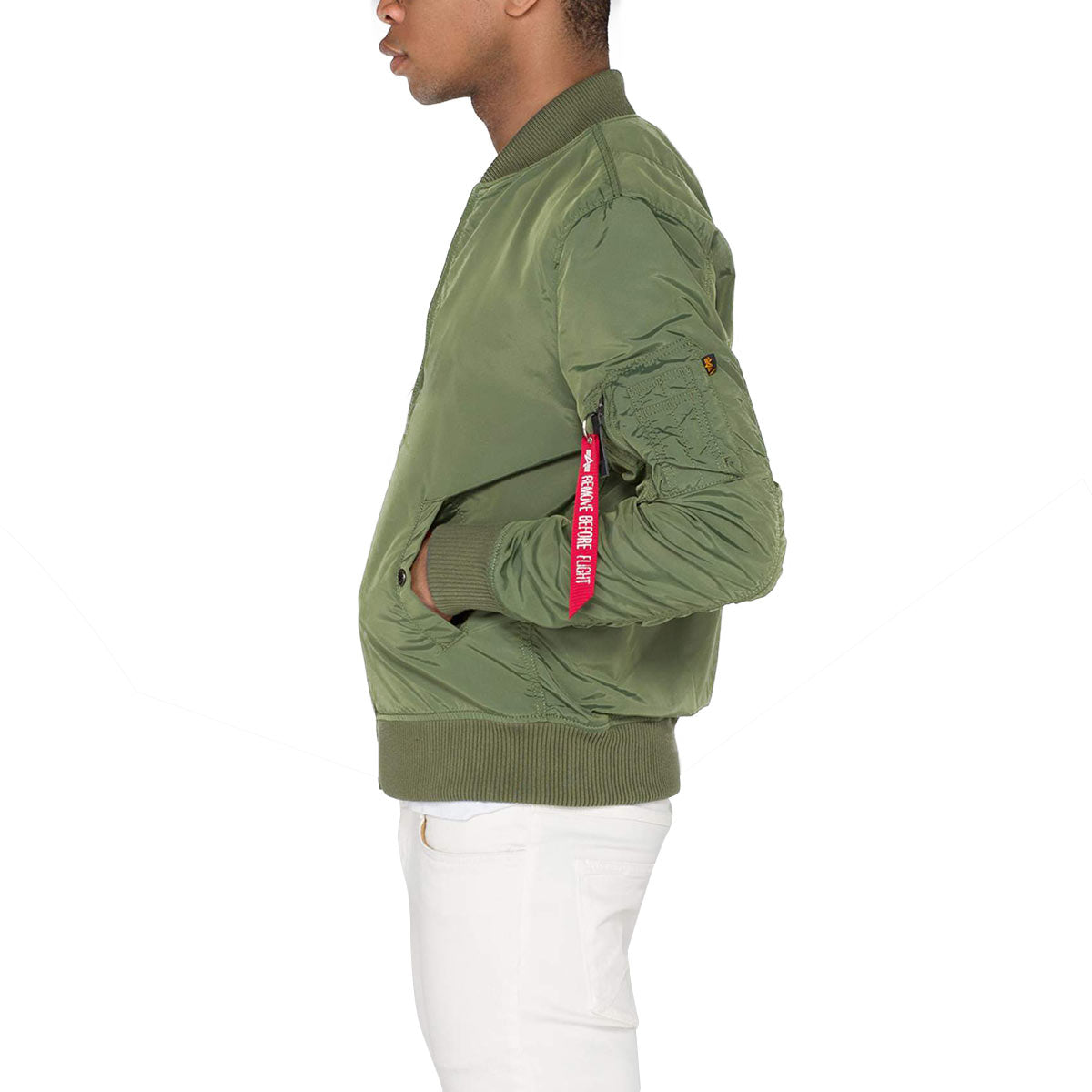 side view of alpha industries sage green ma1 tt flight jacket