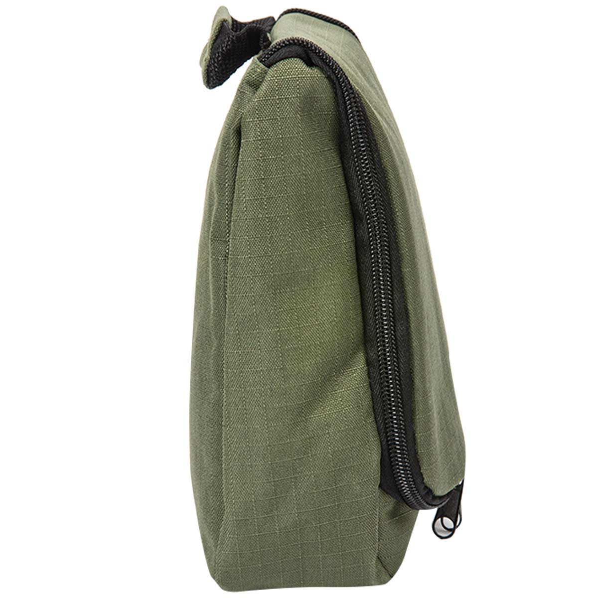 side view of olive green snugpak essentials wash bag