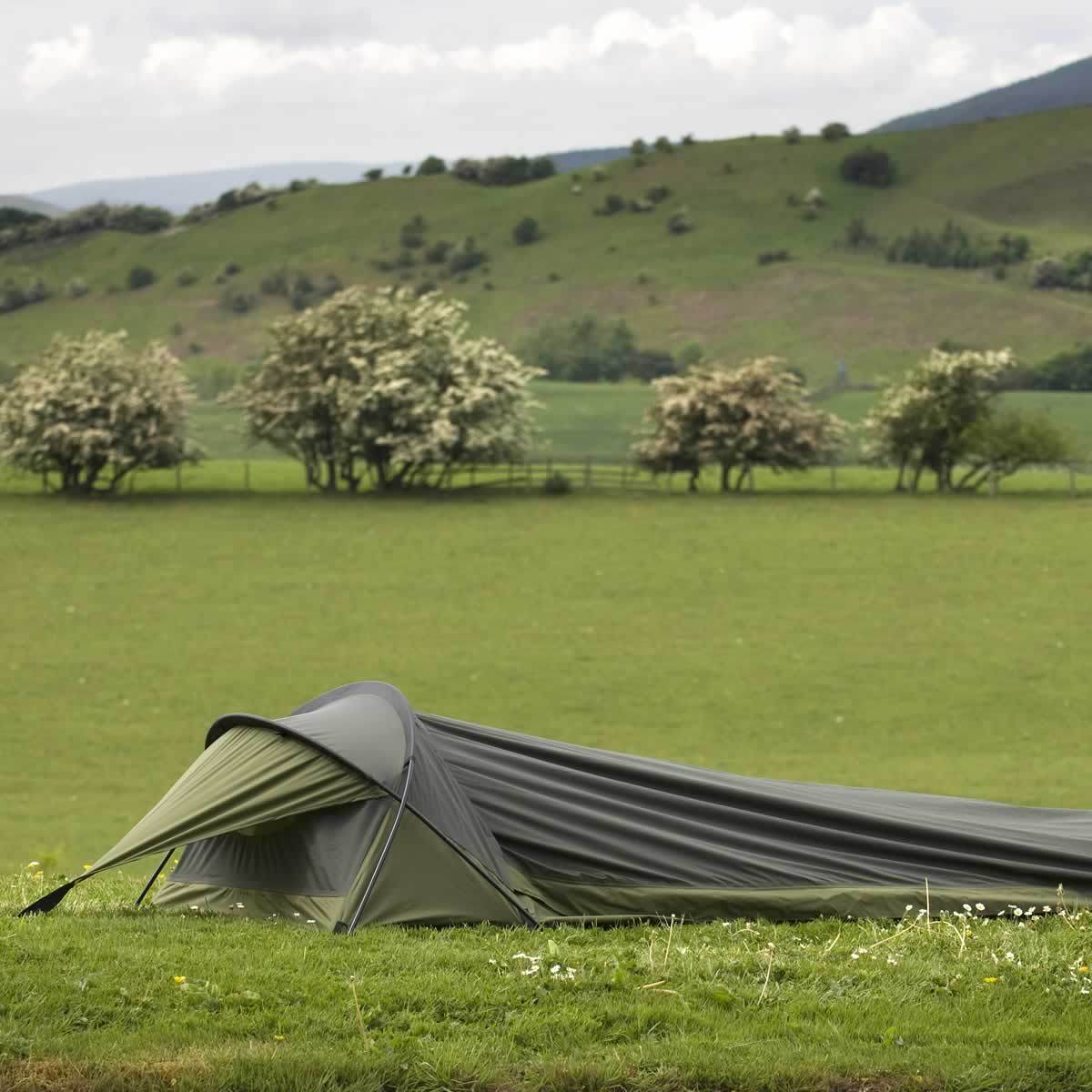 snugpak stratosphere pitched in field