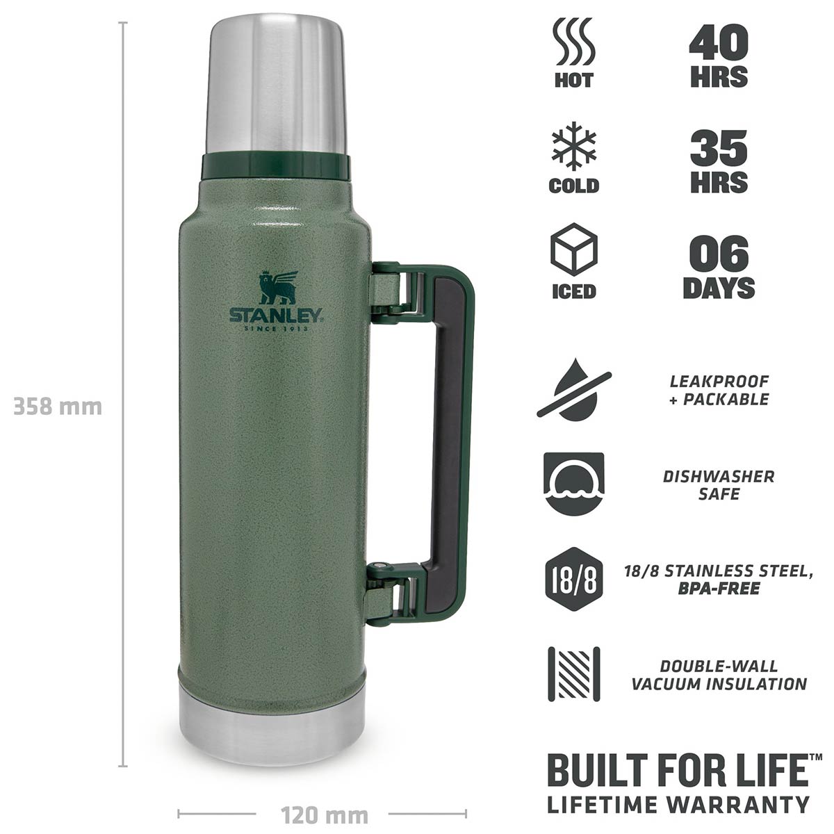 specifications stanley classic vacuum flask hammertone green 1.4l